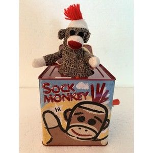 Sock Monkey Jack in the Box Schylling Toy 2008 Tin Musical Pop Goes the Weasel